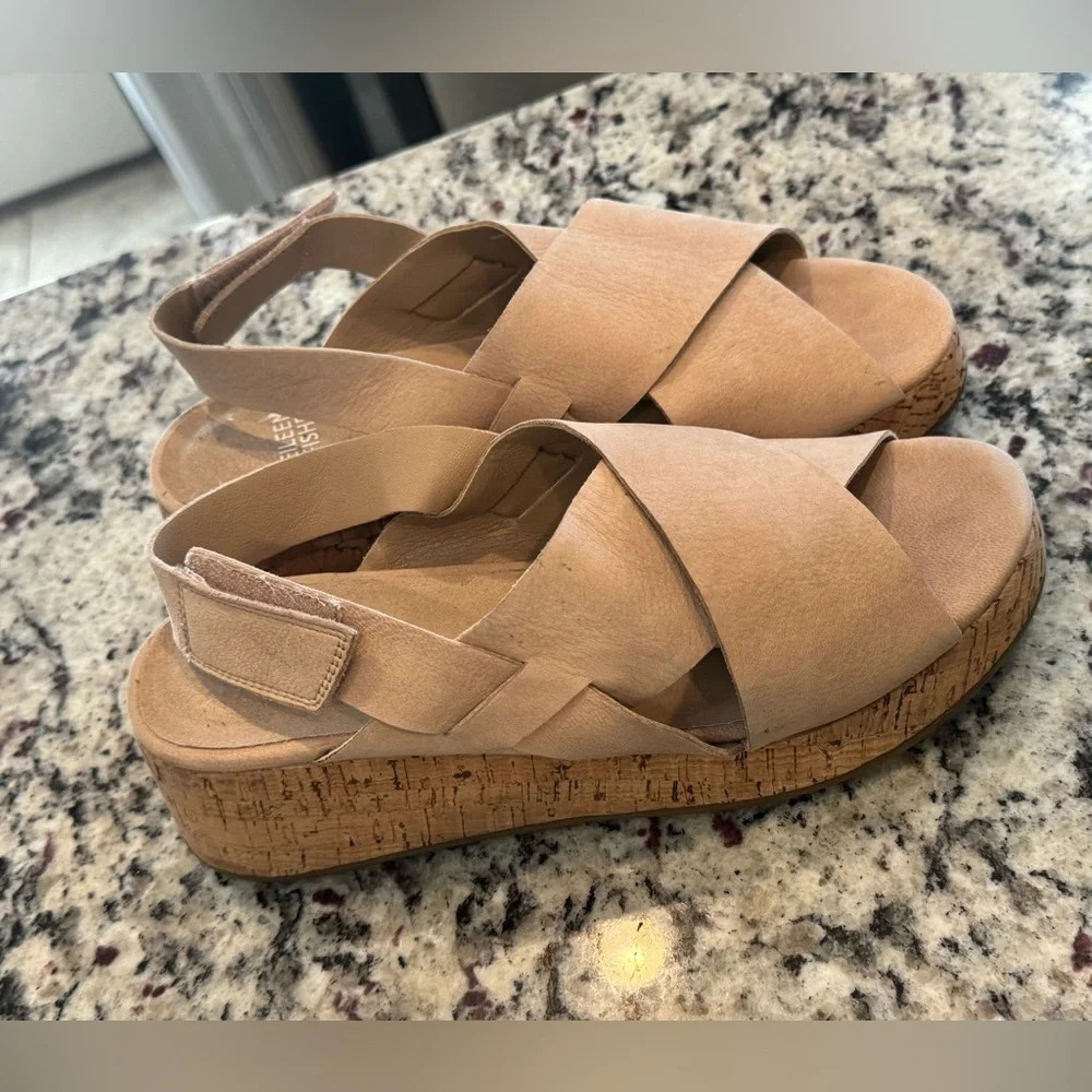 Eileen Fisher Tan CrissCross Strap Velcro Sling back Wedge Sandals - size 8 1/2